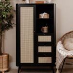 Credenza KUTA53 nera 3 cassetti e anta effetto rafia - immagine 3