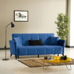 Divano Levy 3 posti in tessuto blu con contenitore e letto